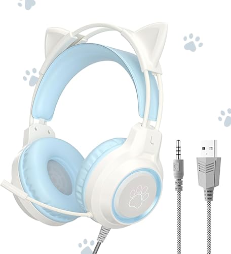 YIK TUNG ヘッドホン 猫耳ヘッドホン ゲーミングヘッドセット 有線ヘッドフォン40MMスピーカー RGBライト付き USBポート マイク付き 柔らかい保護カバー 良い音質 調整可能なサイズ かわいい PS4/PS5/Switch/PC対応 知育・学