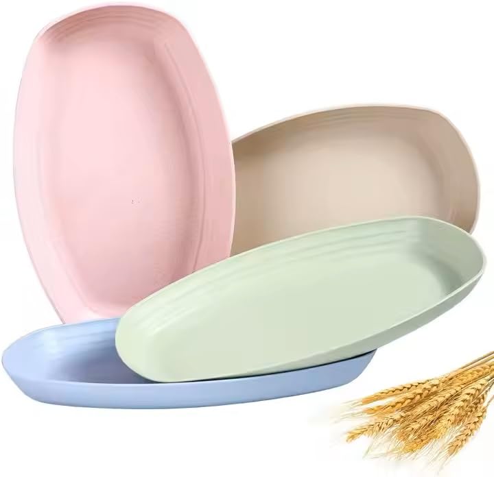 Image of Eco- Friendly Reusable Lightweight Microwave Safe Unbreakable Wheat Straw Oval Shape Plate Set,Vegetable Plate,Serving Snack Dish Set Used in Restaurant,Home,Picnic Camping (Pack of 4)