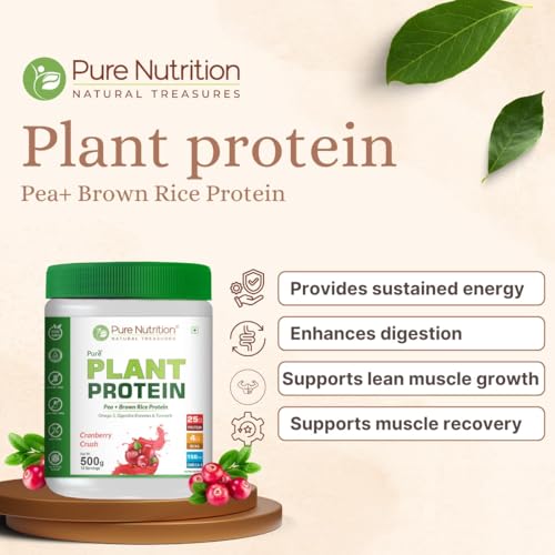 Image of Pure Nutrition Plant Protein Powder for Men, Women (Cranberry Crush) - 500g, With Shaker (650ml) | Pea & Brown Rice Protein with Omega3, BCAA & Digestive Enzymes | Muscle Growth & Strength