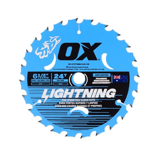 OX Tools Lightning 6-1/2 inch 24 Tooth Circular Saw Blade for Framing - 5/8 inch Bore Laser Cut Carbide Tipped M9 Grade Construction - Circular Saw Blades Made in Australia for Wood Cutting