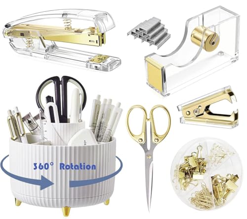 Gawsey Desk Organizers and Accessories Set with 360-Degree Rotating Pen Holder, Acrylic Stapler,...
