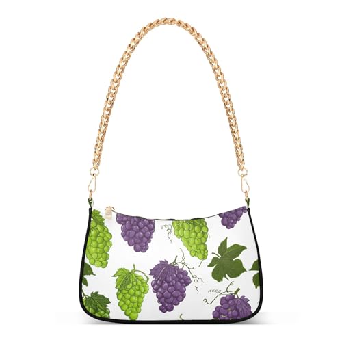 Zipper One Shoulder Purses Clusters Green Purple Grapes Vines Tote Handbag Pattern Womens Casual Hobo Purse with Chain Strap