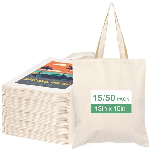 Lzerking 50 Pack Canvas Tote Bag Bulk Sublimation Blank Bags, 13x15 Inches 10oz Medium Lightweight Reusable Grocery Shopping Cloth Bags for DIY Gifts or Prizes