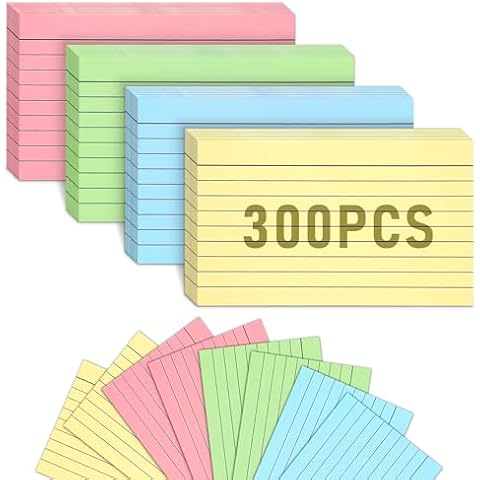 300 Count Colored Index Cards, 3x5 Inches Flash Cards with Ring, Lined Notecards Ruled Study Card Flashcards Heavy Note Cards for Studying, Learning, School, College Cover