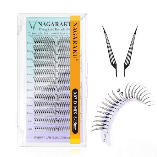 NAGARAKU Flying Comic Spire Pestañas 240 Fans con 24 Fans Mariposa + Flor Ligeros Anime Prefabricadas Abanicos Ultraligeros Moldeado en Una Pieza Volumen Base Plana Fáciles De Aplicar (0.07 D 8-15mm)