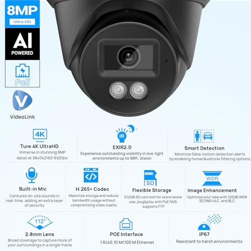 Image of VIKYLIN 8MP PoE IP Camera Outdoor,4K Security Turret Camera with Human /Vehicle Detection, 2.8mm Lens,98ft EXIR 2.0 Night Vision,4K@20fps,Built-in Mic,512GB Card Slot, Blue Iris, NDAA Compliant,Black