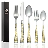 Win Dynasty Silverware Set for 1 People,Stainless Steel Flatware Set,Royal Cutlery Set with Gold-embossed Vine (5 Pieces)