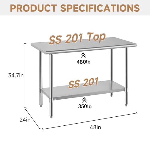 Image of ROCKPOINT All Stainless Steel Table for Perp & Work 24x48 Inch,Commercial Heavy Duty Workbench with Stainless Legs & Adjustable Undershelf, 830 lb Capacity for Restaurant,Home and Outdoor Kitchens
