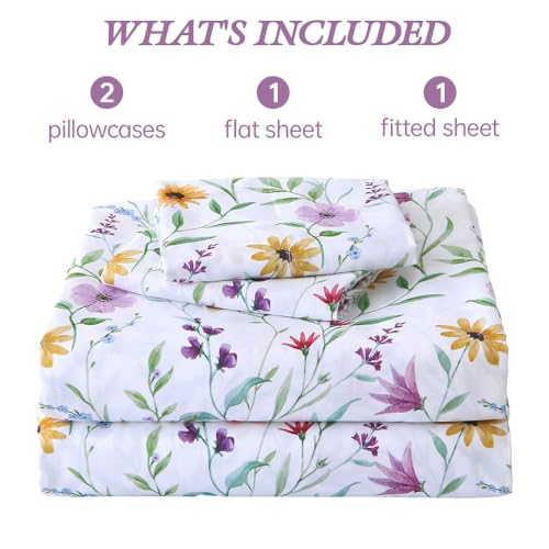 Image of MUXHOMO King Size 4 Piece Sheet Set, Soft & Breathable Sheet with Deep Pocket Up to 16 inch, Wrinkle-Free & Cooling Bed Sheets with Flat Sheet, Fitted Sheet & Pillowcases - Multicolored Flower