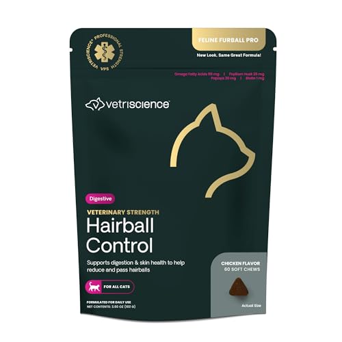 VetriScience Veterinary Strength Hairball Control for Cats - Cat Hairball & Digestion Support for Cats Skin & Coat Health Formula - Chicken Flavor - 60 Chews