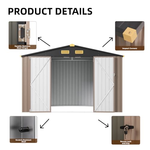 Image of IRONCK Storage Shed, 9.7 x 7.7 FT Tool Shed with Lockable Doors, Brown