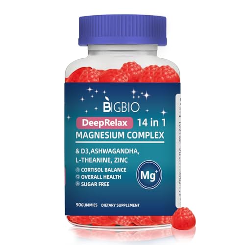 Magnesium Complex 14-in-1 Gummies Sugar-Free – with Ashwagandha, L-Theanine, D3 & Zinc – Cortisol Supplements for Women – Strawberry Flavor 90 Gummies 45 Servings
