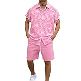 Generisch Set di camicia da uomo in due pezzi, camicia hawaiana a maniche corte e pantaloncini, senza pieghe, per il tempo libero, fenicottero, floreale, da spiaggia, da spiaggia, da jogging, per