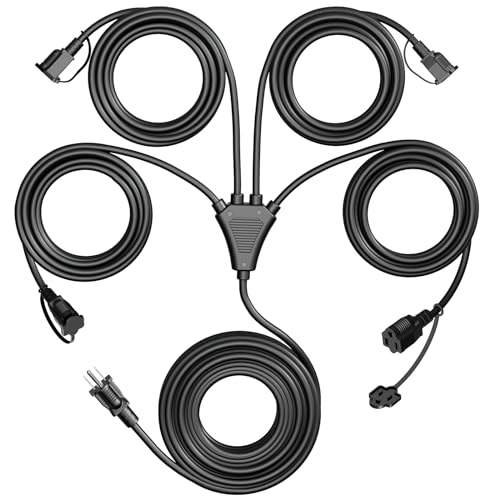 Extension Cords + Animatronics: The Combo That Causes Failures 5 Eversimpleinc Black 1 to 4 Splitter Extension Cord (Combined 31 FT, End to End 13 FT), 3 Prong Plug with 4 Extended Outlets, with Weatherproof Covers for Indoor and Outdoor