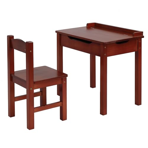 JOYMOR Kids Desk,Wooden Lift-Top Desk and Chair Set, Toddler Table and Chair with Storage for Study & Craft, Brown