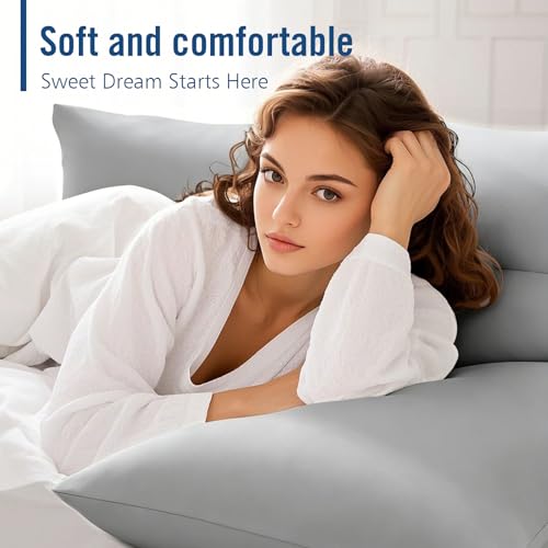 Image of Piwaal King Size Pillows 4 Pack Gray, Soft Firm Support for Sleepers | Set of 4 gray king pillows with down-alternative plush fill. Breathable & supportive for back, stomach, or side sleepers.