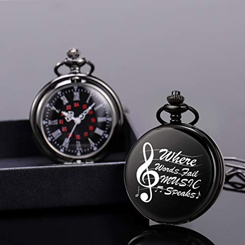 Pocket Watch, Where words fail, MUSIC Speaks Loud Pocket Watch and Chain for Men Women, Music Motif Quartz Laser Engraved Pocket Watch Vintage Steampunk Necklace Numerals steampunk buy now online