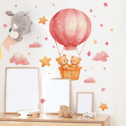 Vinilo decorativo infantil con osos y globo aerostático rosa miniatura 6