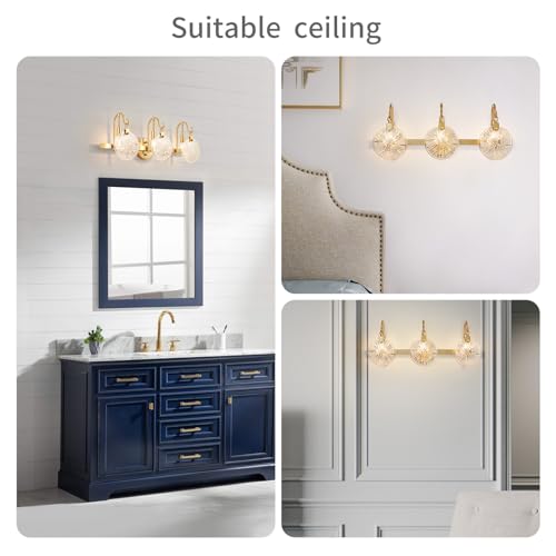 Image of WUZUPS 3-Light Bathroom Light Fixture Over Mirror Morden Vanity Wall Sconces Clear Glass Shade for Bedroom Living Room, E12 Base, Brass Gold