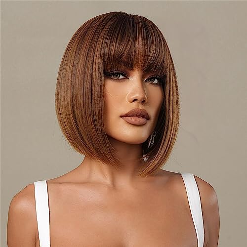 Perucas Peruca de cabelo curto castanho mel com franja peruca sintética resistente ao calor com apar