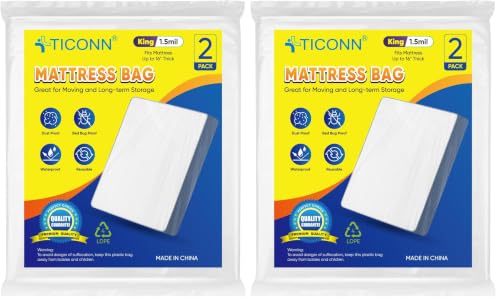 Image of TICONN 2PK Plastic Mattress Bag for Moving Storage, Waterproof Mattress Protector Cover, Heavy-Duty Mattress Moving Supplies (1.5 mil, King) (Pack of 2)