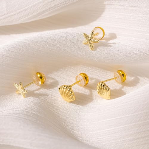 BSGRL 14K Gold-Plated Ocean-Inspired Stud Earrings Set - Dainty Starfish, Shell, Turtle, and Seahorse Designs for Women - Image 5