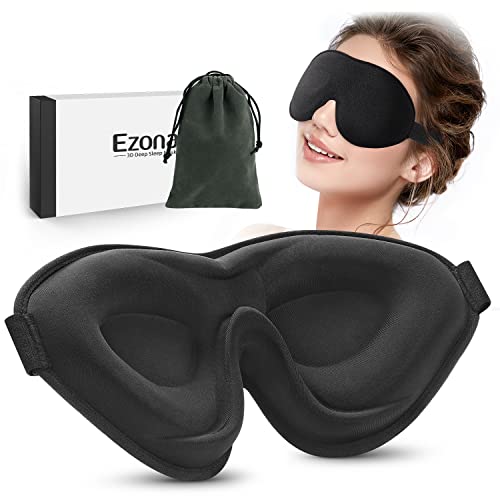 Sleep Masks, Ezona 3D Deep Contoured Eye Masks Sleeping for Males Ladies & Eyelash Extension, 100% Gentle Blocking Blindfold & Eye Cowl, Mushy Consolation Silk Eye Shade for Night time Sleep Journey Yoga Nap, Black