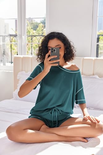 Image of Ekouaer Women's Waffle Knit Two Piece Lounge Set, Soft Matching Outfits for Daily Wear, Casual Shorts Set with Pocket