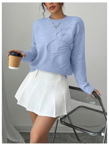 Image of RoseSeek Women's 3D Floral Appliques Crewneck Sweaters Long Sleeve Drop Shoulder Pullovers Elegant Knit Tops