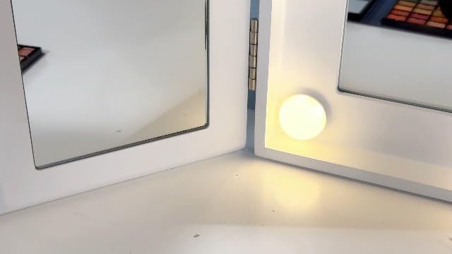 LUXFURNI Vanity Lighted Tri-fold Makeup Mirror with 10 Dimmable LED Bulbs, Touch Control Lights Tabletop Hollywood Cosmetic Mirror (White)