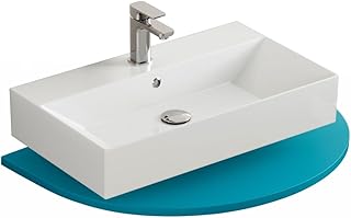 Aqua Bagno Waschbecken 70 cm eckig, Aufsatzwaschbecken mit Hahnloch & Überlauf, modernes Waschbecken Bad aus Keramik, weiß Hochglanz, dünner Rand, wandhängender Waschtisch für Badezimmer