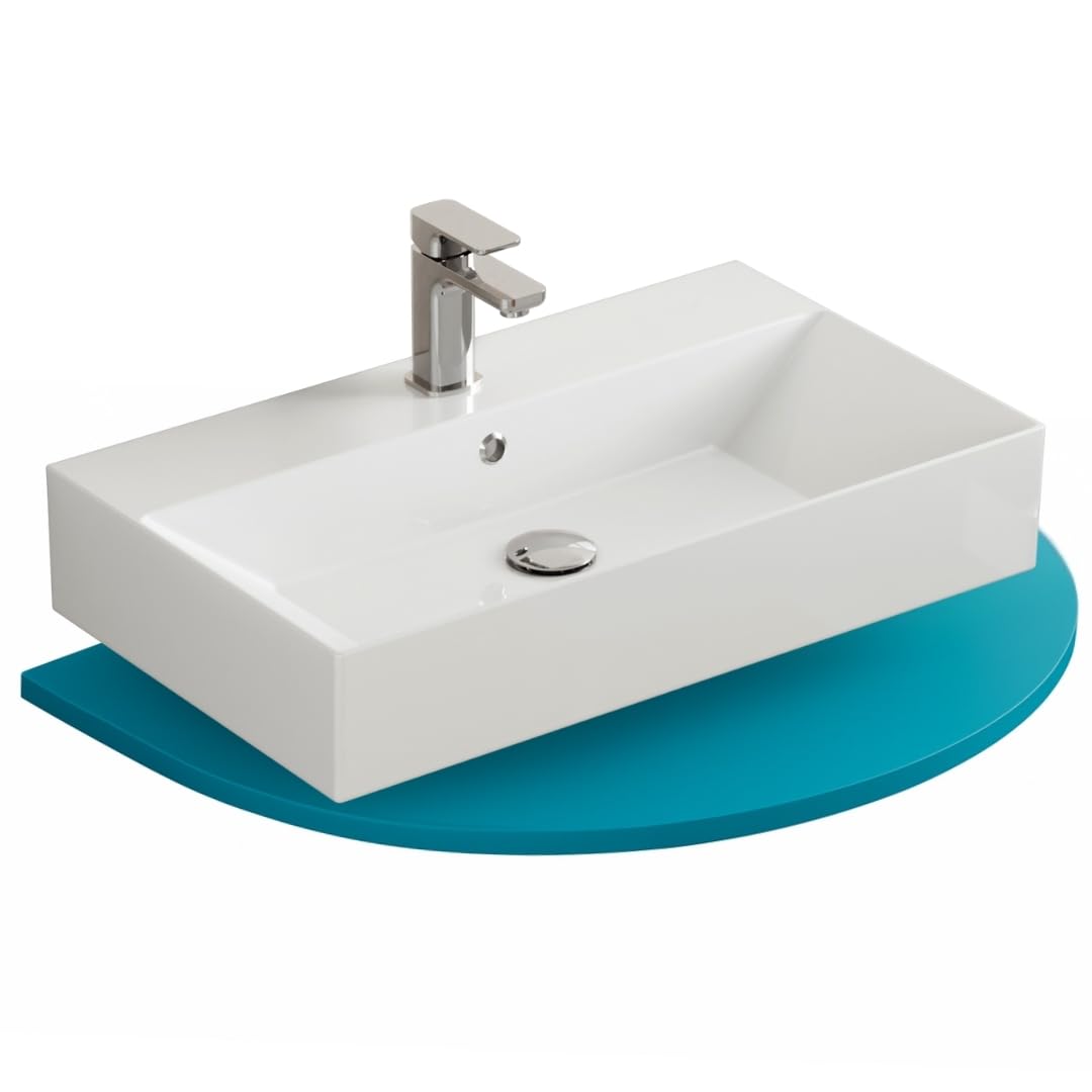 Aqua Bagno umywalka 70 cm prostokątna, ceramiczna biały połysk do montażu ściennego, z otworem na baterię i przelewem, nowoczesny design do łazienki, łatwa w czyszczeniu