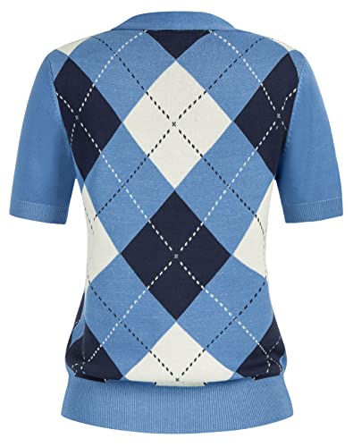 Womens Plaid England Style Cardigan V Neck Preppy Color Block Sweater Short Sleeve Knitwear For Girl Ladies(L,Blue Short Sleeve) #TOP1