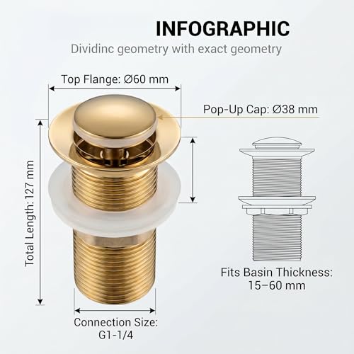 Image of InArt Waste Coupling for Wash Basin /Pure SS 5 inch Drain Out let System Full Thread Half-Cap Pop up Coupling for Wash Basin Accessories (Gold - Pack of 1)