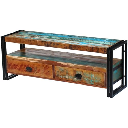 Gecheer Meuble TV Vintage en Bois Recyclé - Multicolore, 120x35x45 cm, 2 Tiroirs