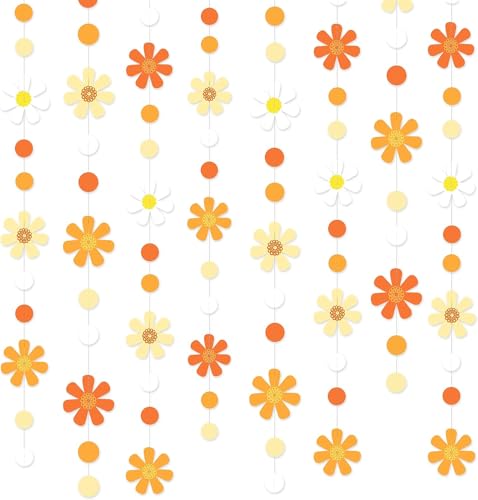 47Ft Orange Marguerites à Pois Papier Guirlande Décoration de Fête Bohème Groovy Pâquerette Cercle Points Streamer à Suspendre pour Printemps Été...