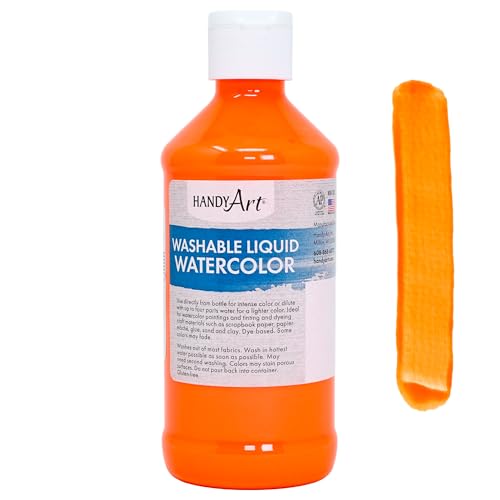 Handy Art Washable Liquid Watercolor, Fluorescent Orange, 8 oz Bottle, Dye-Based Color, Easy to Dilute with Water, Ready to Use Concentrated Paint, Certified Safe & AP Non-Toxic, Made in USA