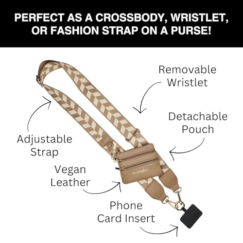 Image of Save the Girls Original Clip and Go Phone Strap Pattern (Chevron Brown /Cream) - Crossbody Phone Strap Chain with Zipper Wallet Pouch - Phone Lanyard Zippered