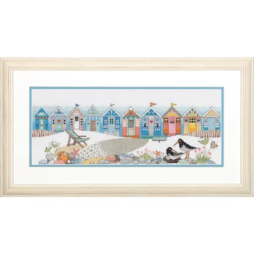 Image of Dimensions 70-35446 Beach Huts Counted Cross Stitch Kit, 8 inch x 7 inch, 16 Cnt. White Aida, 4 Pieces
