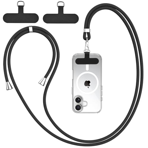 Wanme Cordon Telephone Portable avec 2 Patchs Noirs Durables, Lanière de Cou de Téléphone Portable, Réglable et Détachable, Compatible avec la Plupart des...