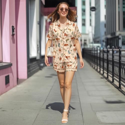Image of HUNTFAMI Womens Soft Silky Satin Pajamas Set, 2 Pcs Sleep Short Pajamas for Mom and Grandma Button Down Summer Loungewear