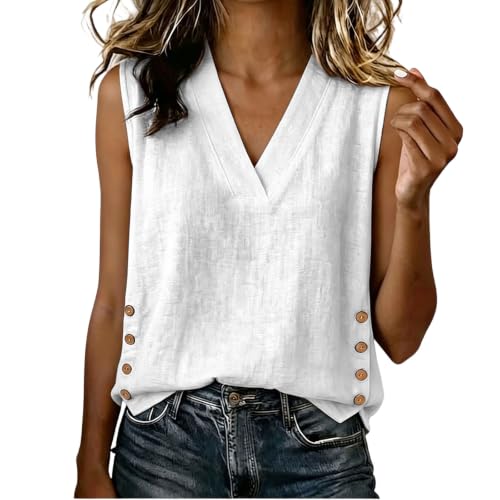 Image of Summer Linen Vest Top Women Side Button Split Hem Sleeveless Blouse Textured Cotton Summer Casual Tank V Neck Cold Shoulder Pullover Ladies Fashion Work Office T-Shirts Beach Vacation Outfits White