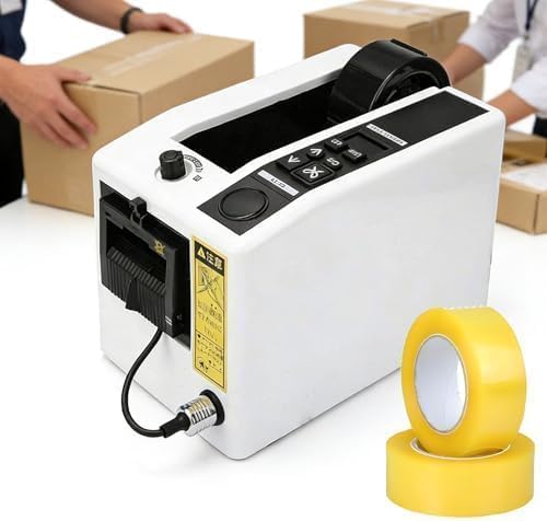 Dispenser e taglierina elettrica automatica per nastro adesivo da imballaggio, regolabile da 20 a 999 mm, adatta a nastri da 8 a 50 mm.