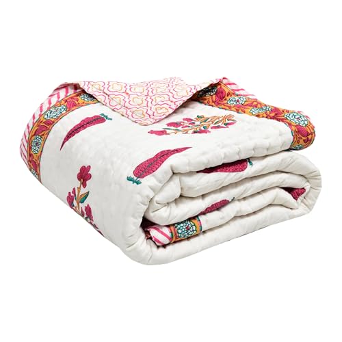Image of BLOCKS OF INDIA Hand Block Printed Cotton King Size Quilt /Rajai (90 inch X 108 inch) (Pink Rose)