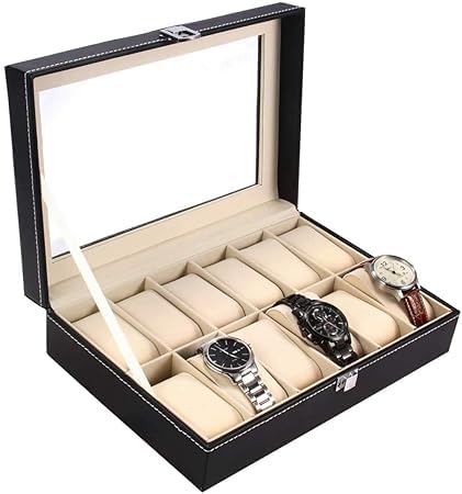JAMBUVANTI Watch Box 12 Slot Watch Case Pu Leather Real Glass Lid Watch Display Case Watch Organizer Watches Storage Case For Men & Women Birthday Presents (Beige) (B0CK2H2HTV) Amazon Price History, Amazon Price Tracker