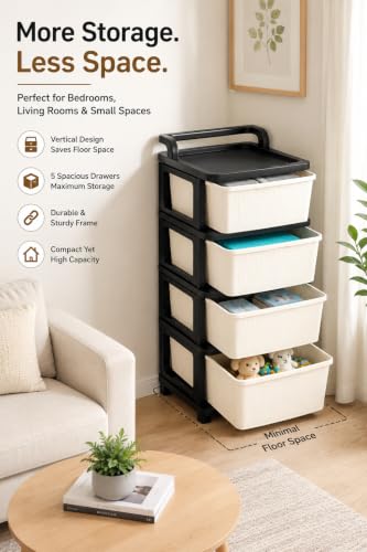 Image of Heavy Duty Plastic Storage Drawer with Wheels | Modular Cabinet for Bedroom, Office, Home or Classroom| Chest of Drawers Organiser for Cosmetics, Kitchen items, Toys (White & black, 4)