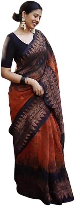 Women's Kanjivaram Soft Cotton Linen Silk Saree With Blouse Piece