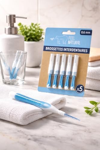 Kit 5 Brossettes Interdentaires 0,6mm - Nettoie les Espaces Interdentaires en Douceur - Nettoyage Dentaire Efficace - Accessoire Nettoyant Plaque Dentaire, Hygiène Bucco-Dentaire Feel Natural