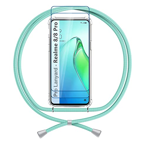 DOCOO Funda Cuerda Compatible con realme 8 Pro realme 8, Carcasa Protector Pantalla Transparente TPU Air Cushion Crystal Clear Silicona Anti Amarillo Cover Correa Colgante Case, Verde Cover