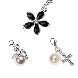 Great Value Jewelry Set of 3 Clip On Charms Pendants For Bracelets Bangles Necklaces Including Silver Frog Shaped On White Pearl, Rhinestones Decorated Cross With Pearl And Black Gemstones Jewels Studded Flower Shape Dangles By VAGA